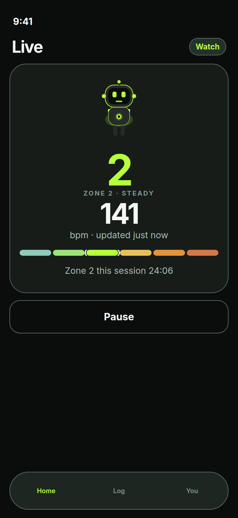 iPhone live session screen showing Zone 2 and heart rate